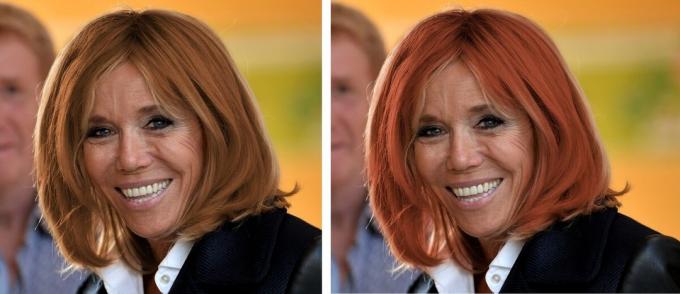 Brigitte Macron. Kızıl saçlı ve kırmızı bir renk tonu ile kırmızımsı ton yüzünü vurgulamak.