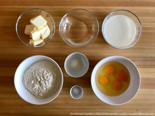 Süt 220 g, 140 g yağ% 82.5, 100 g su, 0.5 sa. tuzu, 2 parça. şeker kaşığı, un 200 gram, 6 yumurta (I C1 kullanılan)